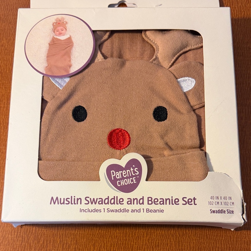 Parents Choice Brown Reindeer Muslin‎ Swaddle & Beanie Set
